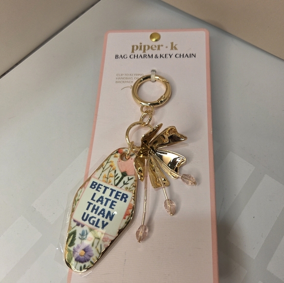 💕🔹️Piper K 🔹️UK exclusive Better Late Than Ugly Floral Bag Charm Or Key Chain - Picture 3 of 5